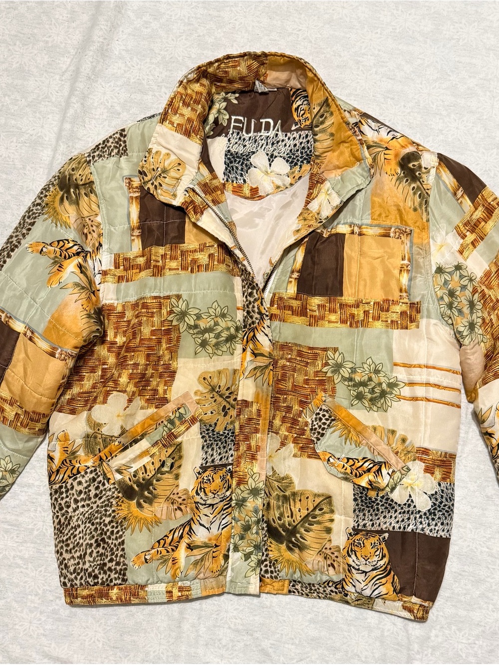 Vintage FUDA International 100% Silk Tiger Animal Print Bomber Jacket M